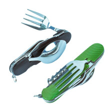 6-i-1 multi-funktion campingredskaber til campingbilleds?t aftagelig ske gaffelkniv kombinationsbo-rod Kit med b?repose (sort + gr?n)
