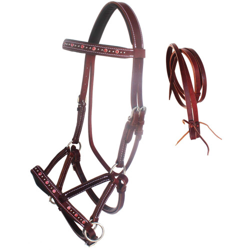 CHALLENGER Horse Western Leather Beaded Bitless Sidepull Bridle Reins
