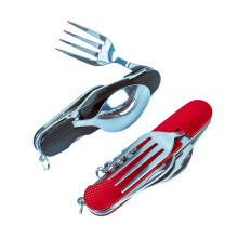 Cluck 6-i-1 multi-funktion campingredskaber til campingbilleds?t aftagelig ske gaffelkniv kombinationsskit med b?repose (r?d + sort)