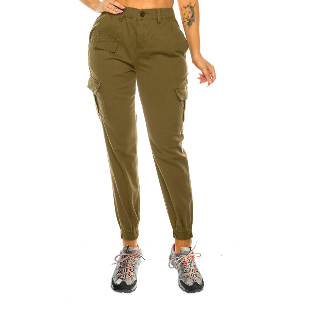 Pantalon de jogging cargo taille haute Double Denim pour femme, coupe d  contract  e, avec ceinture   lastique et 6 poches, olive, taille 2X, SCP-2049