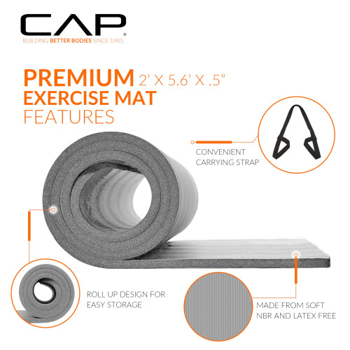 CAP Barbell High Density Exercise Mat with strap  68x24 12mm - Gray 2