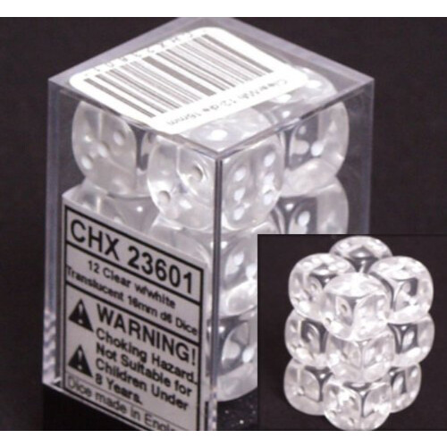 Skins Chessex Dice d6 Σετ: Διαφανές με Λευκό Διαφανές - 16mm Τετράγωνος Ζάρι (12) Πακέτο Ζαριών
