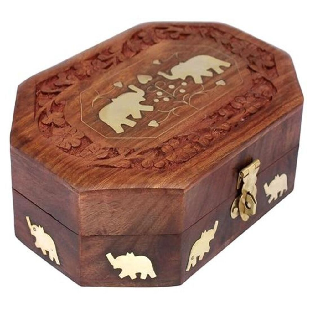 20.32 Cm Wooden Jewellery Box Octagonal Handcrafted Elephant Brass Inlay Wood Carvings