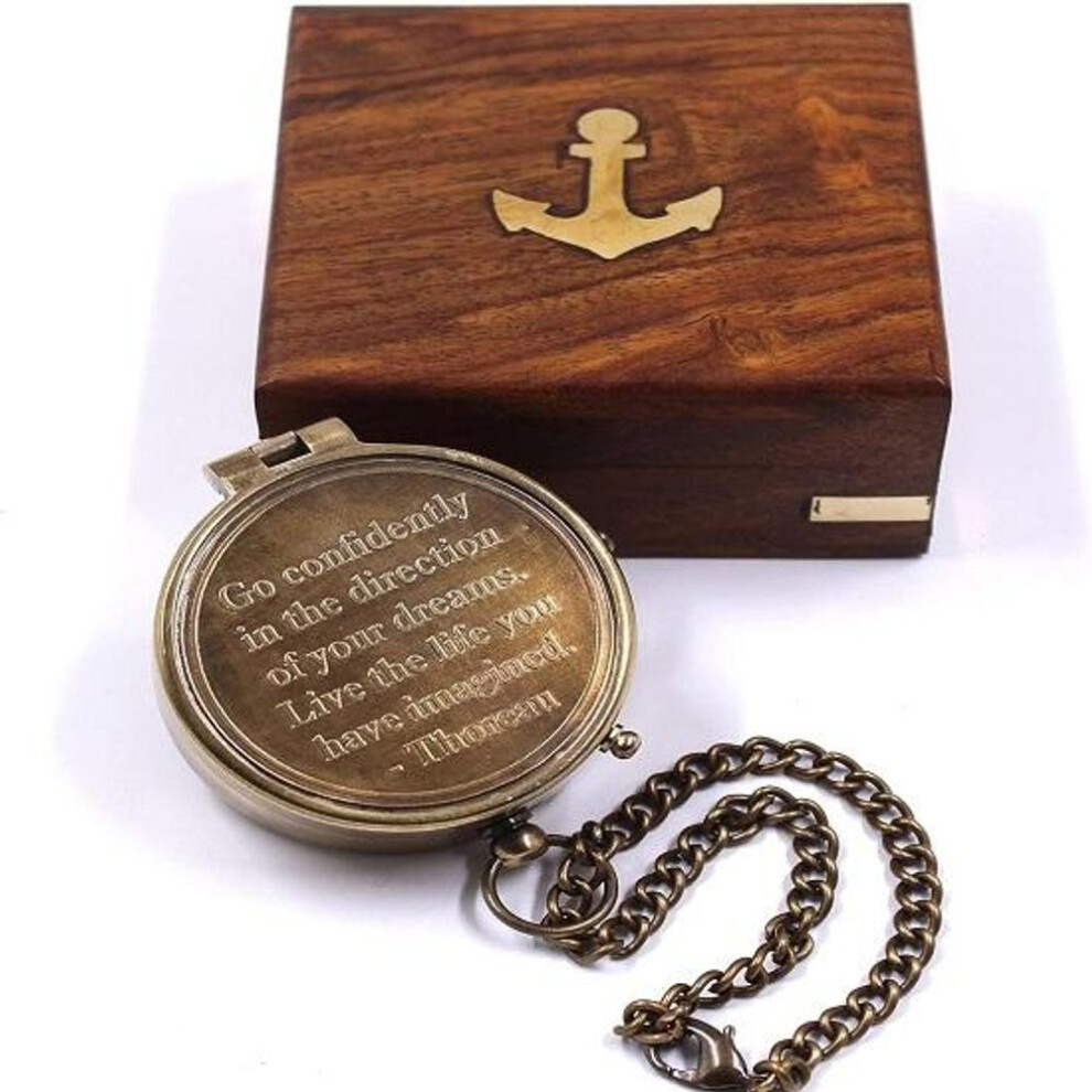Go Confidently Look Engraved Brass Compass Wooden Case. Direction Camping Boating Gift Ideas Nautical Home Décor.