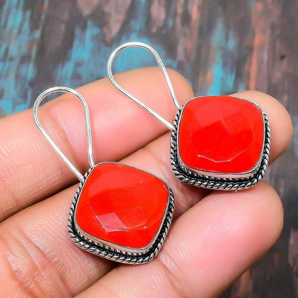(red, 1.38 inches) Beautiful Italian Red Coral Gemstone 925 Sterling Silver Handmade Jewelry Earring