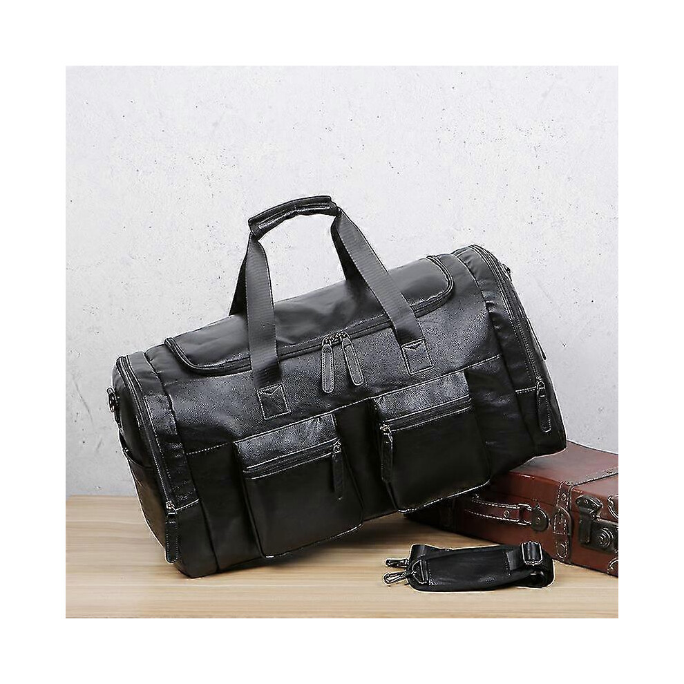 Vintage Leather Weekend Bag for Men Travel Bags Big Tote Hand Luggage Duffel Handbag Shoulder Bag Black