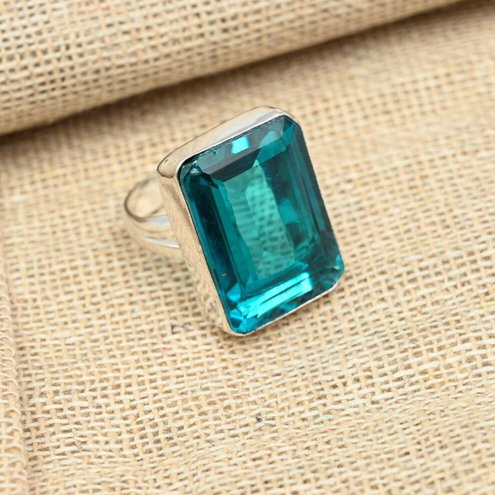 (blue, 9.5) Faceted Blue Tourmaline Gemstone 925 Solid Silver Jewelry Handmade Ring All Size