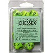 Sady kociek Chessex: Vortex Jasne zelen s ciernou - desatstrann kocka d10 sada (10)