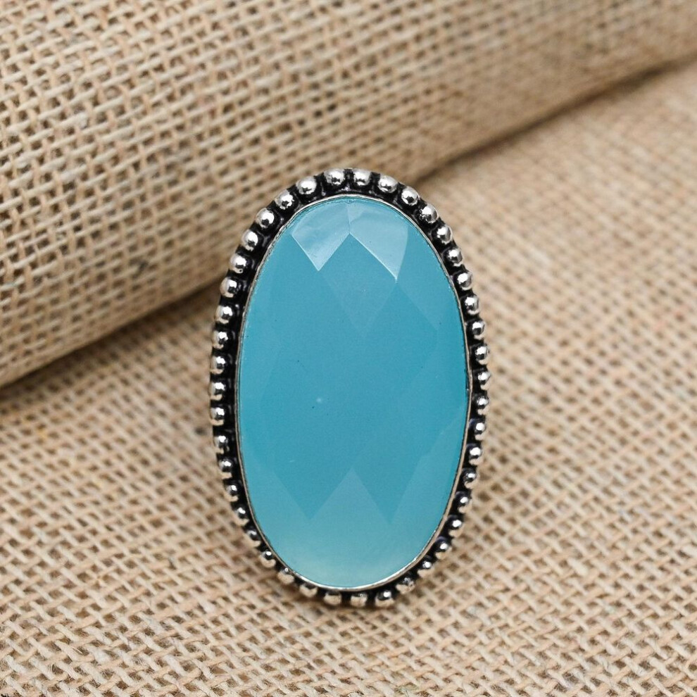 (blue, 7) Blue Chalcedony Gemstone Handmade Solid 925 Sterling Silver Promise Ring Jewelry