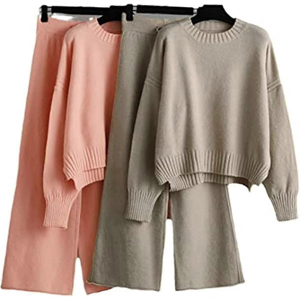 (pink) Autumn Winter Women 2 Piece Wide Leg Pants Sets O Neck Sweaters Cashmere Knitted Tracksuits Two Piece Sets