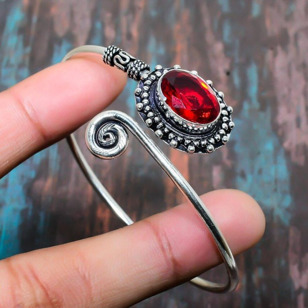 (red, Adjustable) Mozambique Garnet Gemstone Handmade Solid 925 Sterling Silver Jewelry Bangle Adjustable