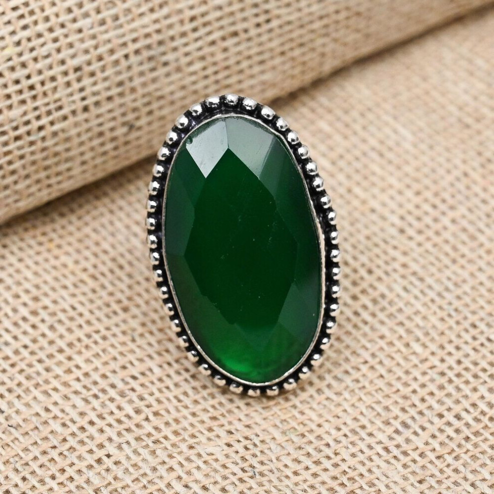 (green, 8.5) Solid 925 Sterling Silver Jewelry Emerald Gemstone Oval Green Stone Handmade Designer Ring
