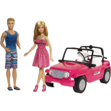 Barbie Bil Strand Cruiser med Barbie Docka i Klänning & Ken Docka i Badkläder, Rosa 2-Sits Öppen Leksaksbil