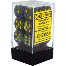Jeux de d?s Chessex d6 : Tourbillon festif en marbre de Rio avec p?pins jaunes - Matrice ? six faces de 16 mm (12) Bloc de d?s