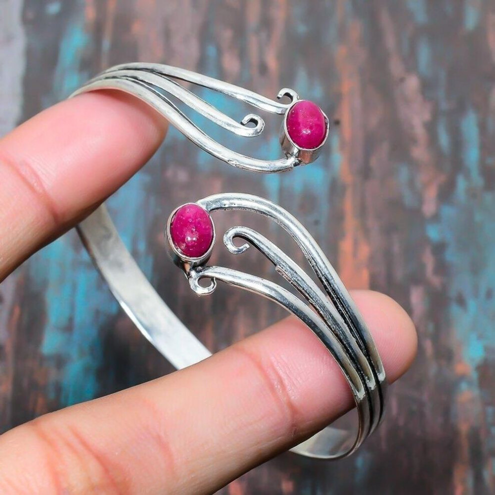 (red, Adjustable) Kashmir Red Ruby Gemstone Solid 925 Sterling Silver Handmade Jewelry Bangle Adjustable