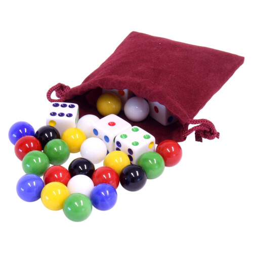 AmishToyBox.com Σακούλα Παιχνιδιού με 24 Γυάλινες Μάπες και 6 Ζάρια για το Παιχνίδι Aggravation