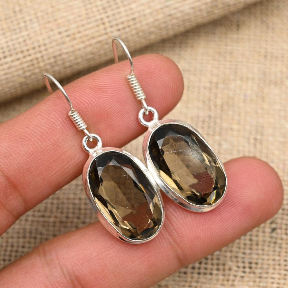 (orange, 1.57 Inches) Smoky Topaz Gemstone Handmade Solid 925 Sterling Silver Earring Jewelry