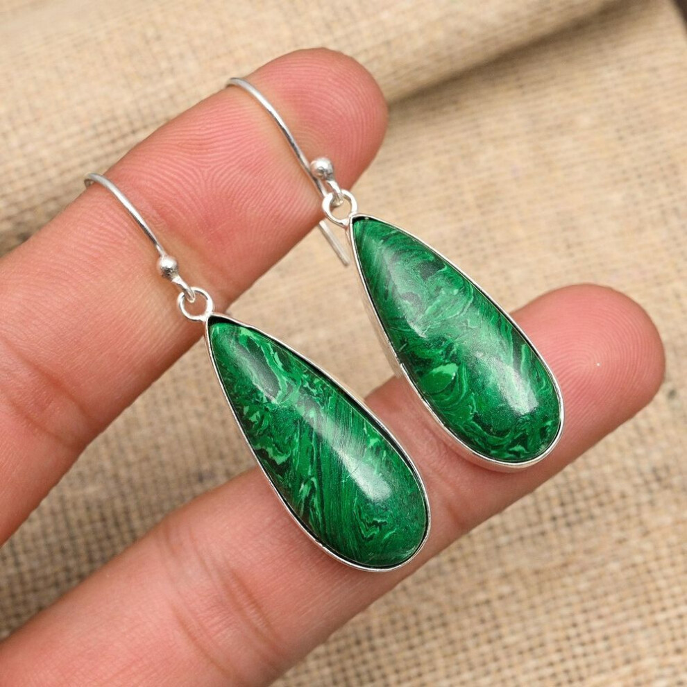 (green, 1.57 Inches) Amazing Malachite Gemstone Handmade 925 Sterling Silver Earring Jewelry