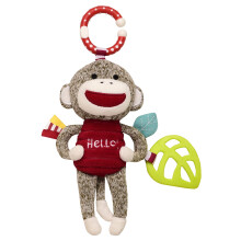 Baby Starters Sock Monkey Crinkle Rattle Squeak Plush with Teether and Travel Hook 9 inch
