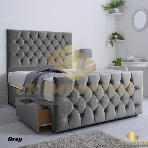 (Super King (without Drawer), Grey Plush (without Mattress)) PLUSH DIVAN BED SET WITH MATTRESS 54&quot; CHESTERFIELD HEADBOARD&amp;FOOTBOARD ALL SIZES