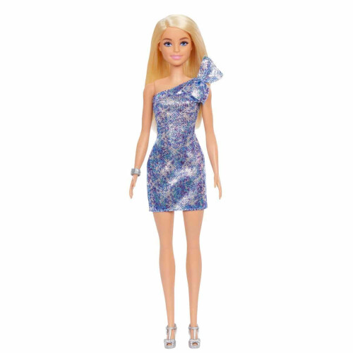 Barbie Κούκλα Barbie Ξανθά Μαλλιά Μπλε Μάτια με Μίνι Φόρεμα και Ασημένια Παπούτσια 1