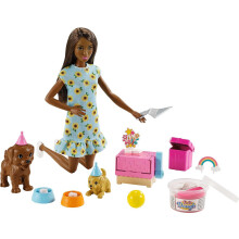 Barbie filhote de cachorro festa boneca e playset boneca morena com vestido de girassol 2 filhotes de estimao bolo molde massa e acessrios