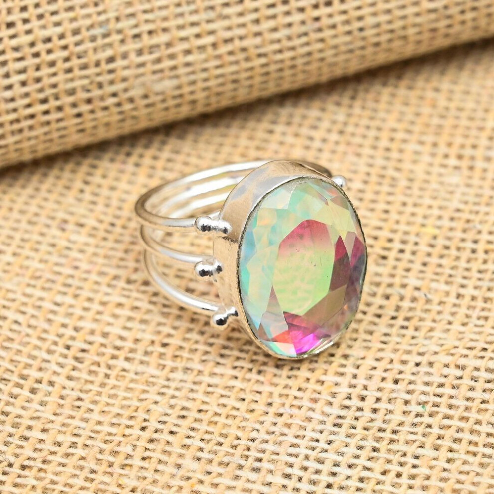 (white, 7.5) Rainbow Mystic Topaz Gemstone 925 Sterling Silver Handmade Jewelry Ring Gift For Her