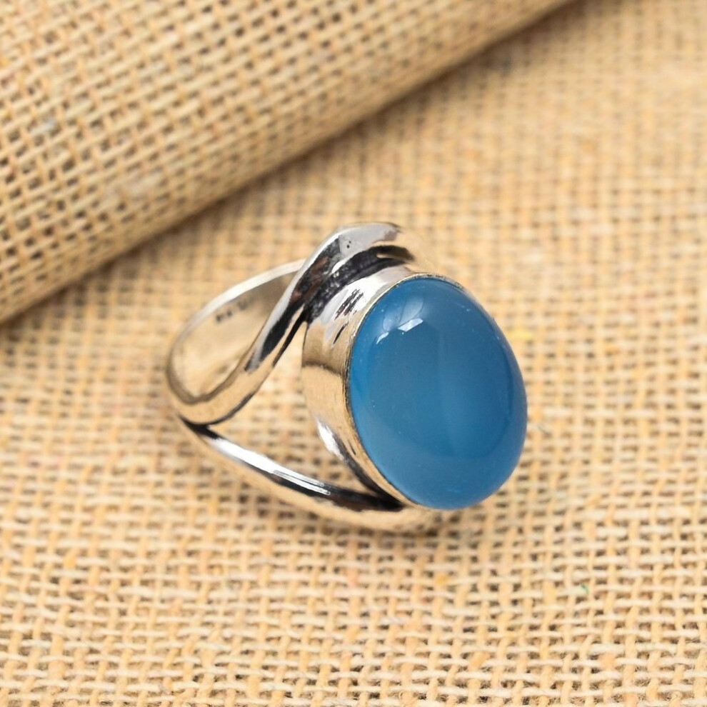 (blue, 5.5) Blue Chalcedony Gemstone 925 Sterling Silver Handmade Jewelry Ring For Women
