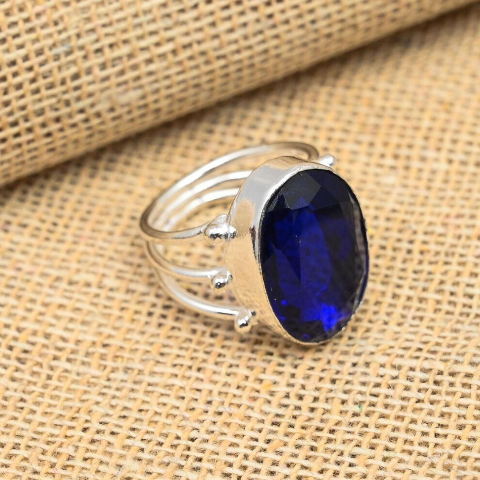 (blue, 8) Blue Sapphire Lab- Created Gemstone 925 Sterling Silver Handmade Jewelry Ring For Wedding Gift