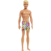 Boneca Barbie Ken Beach com cabelos loiros vestidos com colorido tronco de nata      o com estampa de Los Angeles