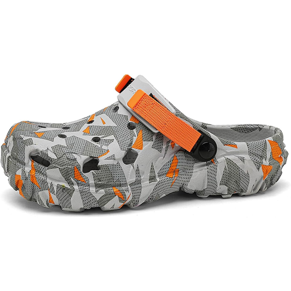 (Grey & Orange, 12) Men's Garden Clogs Graphic Mules Clog Slip On Beach Sandals for Men Outdoor Slippers with Adjustable Strap