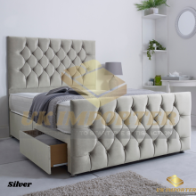(Super King (without Drawer), Silver Plush (with Mattress)) PLUSH DIVAN BED SET WITH MATTRESS 54" CHESTERFIELD HEADBOARD&FOOTBOARD ALL SIZES