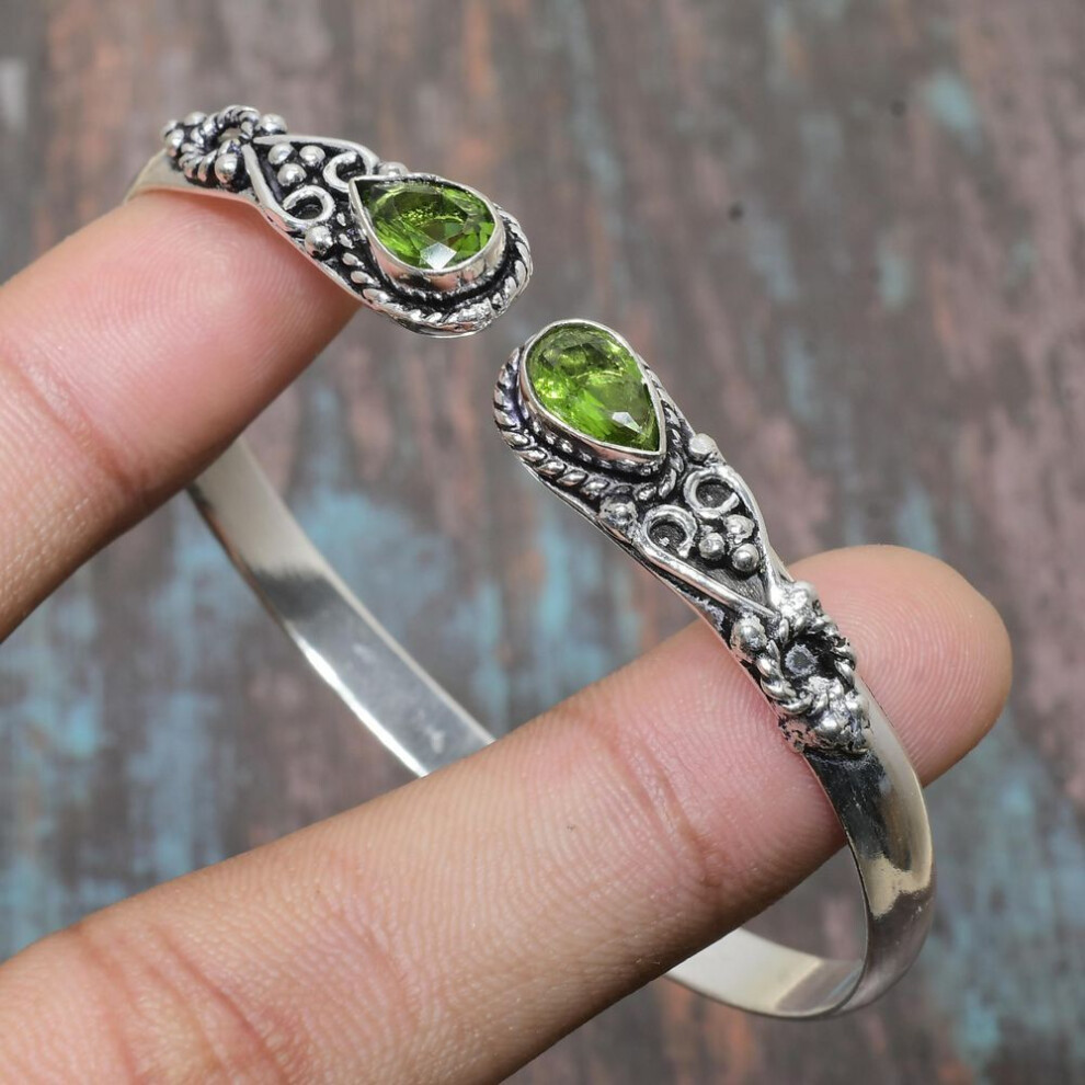 (green, Adjustable) Peridot Gemstone Handmade Solid 925 Sterling Silver Cuff Jewelry Bangle Adjustable For Her
