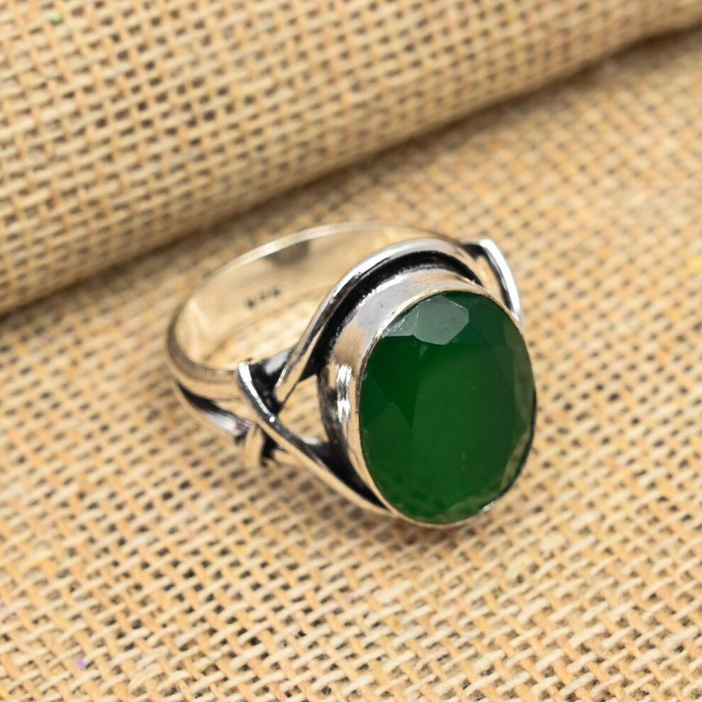 (green, 12) Faceted Green Onyx Gemstone 925 Solid Sterling Silver Handmade Lovely Ring Jewelry