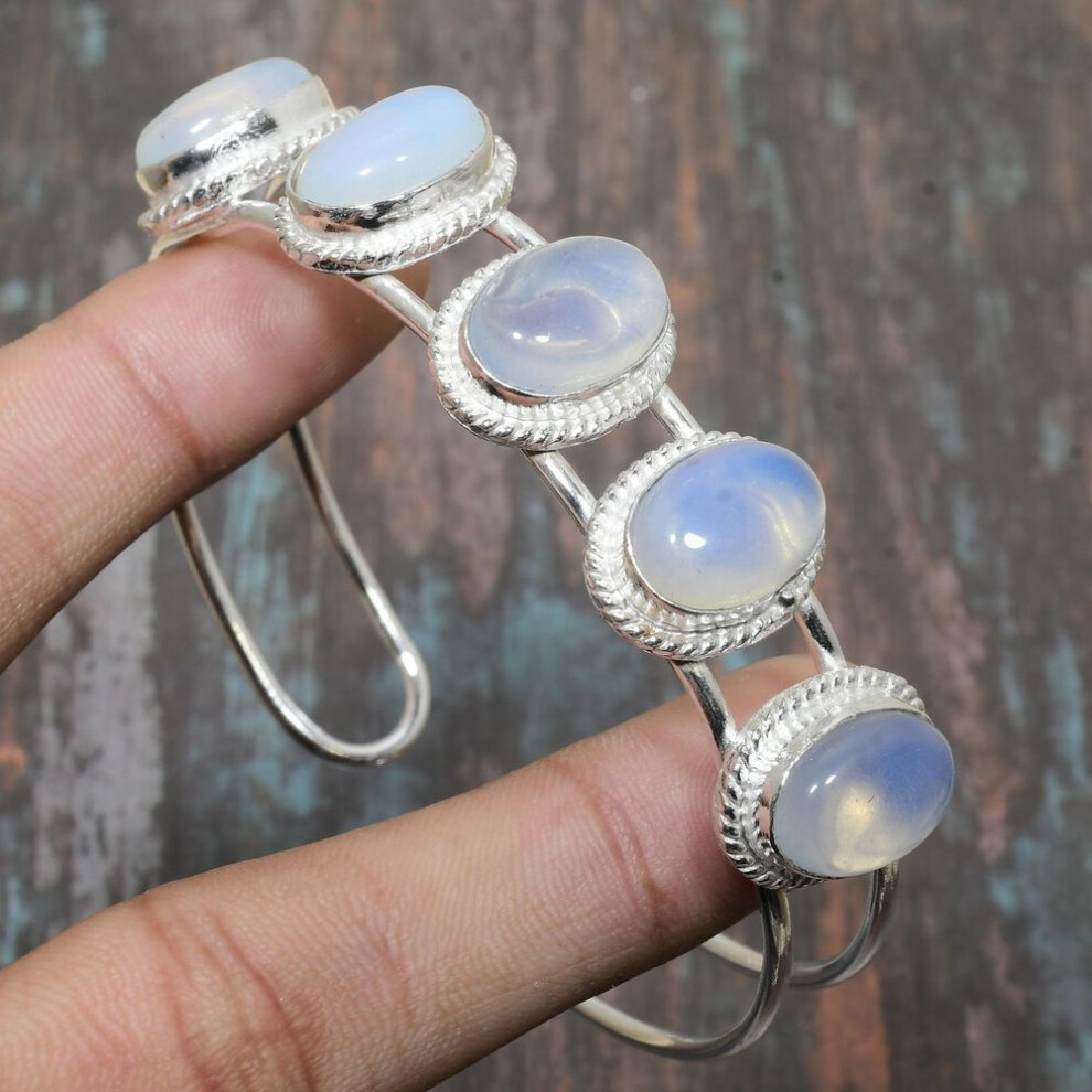 (blue, Adjustable) Milky Opal Gemstone Handmade Solid 925 Sterling Silver Cuff Jewelry Bangle Adjustable
