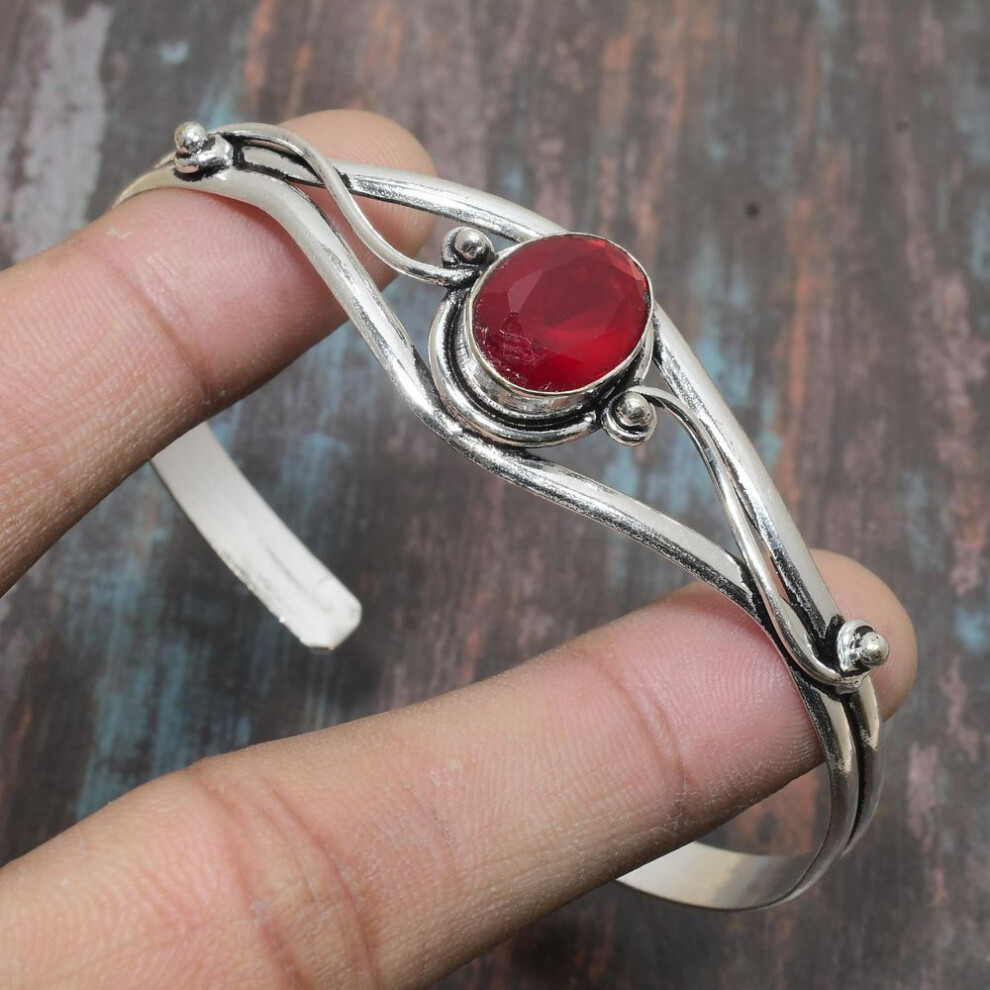 (red, Adjustable) Mozambique Garnet Gemstone Handmade Solid 925 Sterling Silver Cuff Jewelry Bangle Adjustable