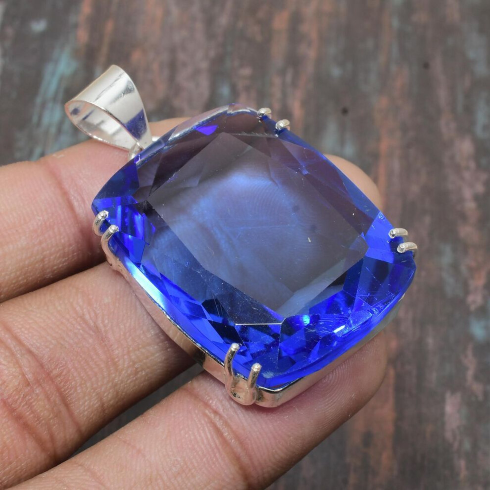(blue, 1.77 Inches) Beautiful Swiss Blue Topaz Gemstone Handmade Solid 925 Sterling Silver Jewelry Pendant