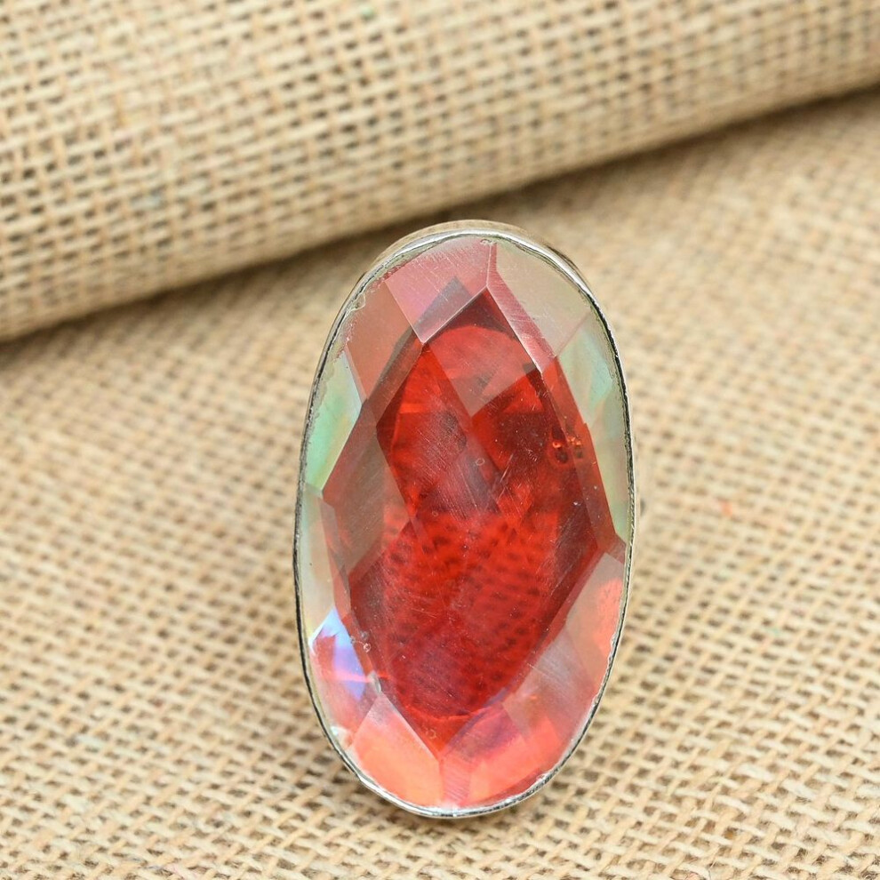 (white, 9.5) Faceted Rainbow Mystic Topaz Gemstone 925 Sterling Silver Handmade Design Ring Jewelry
