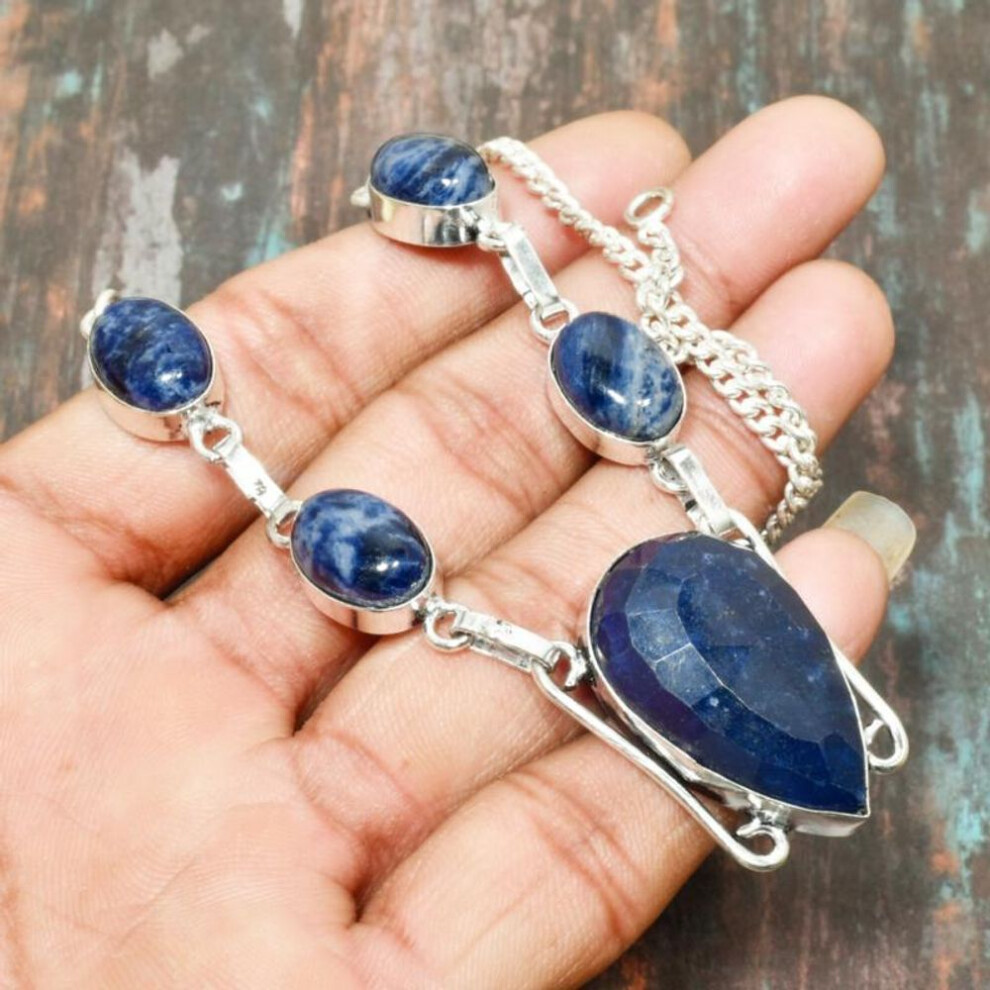 (blue, 18 Inches) Burmese Sapphire Gemstone Handmade 925 Sterling Silver Necklace Jewelry For Gift