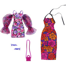 Barbie-Kleidungsset, Mode und Accessoires, 2er-Pack fr Puppen, 2 elegante Outfits mit Blumenmotiv und Styling-Teilen fr komplette Looks