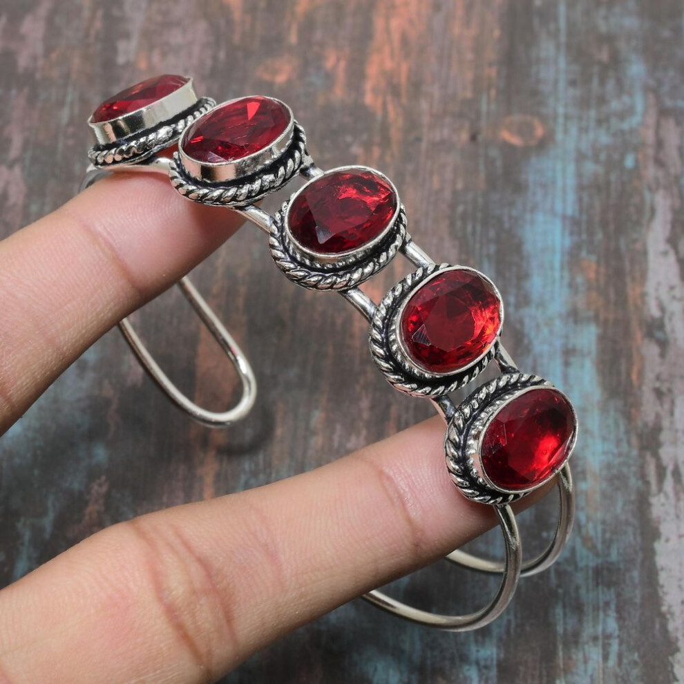 (red, Ajustable) Mozambique Garnet Gemstone 925 Sterling Silver Handmade Cuff Bangle Adjustable