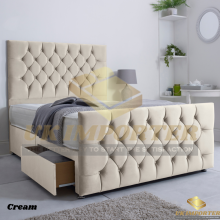 (Single (without Drawer), Cream Plush (with Mattress)) PLUSH DIVAN BED SET WITH MATTRESS 54" CHESTERFIELD HEADBOARD&FOOTBOARD ALL SIZES