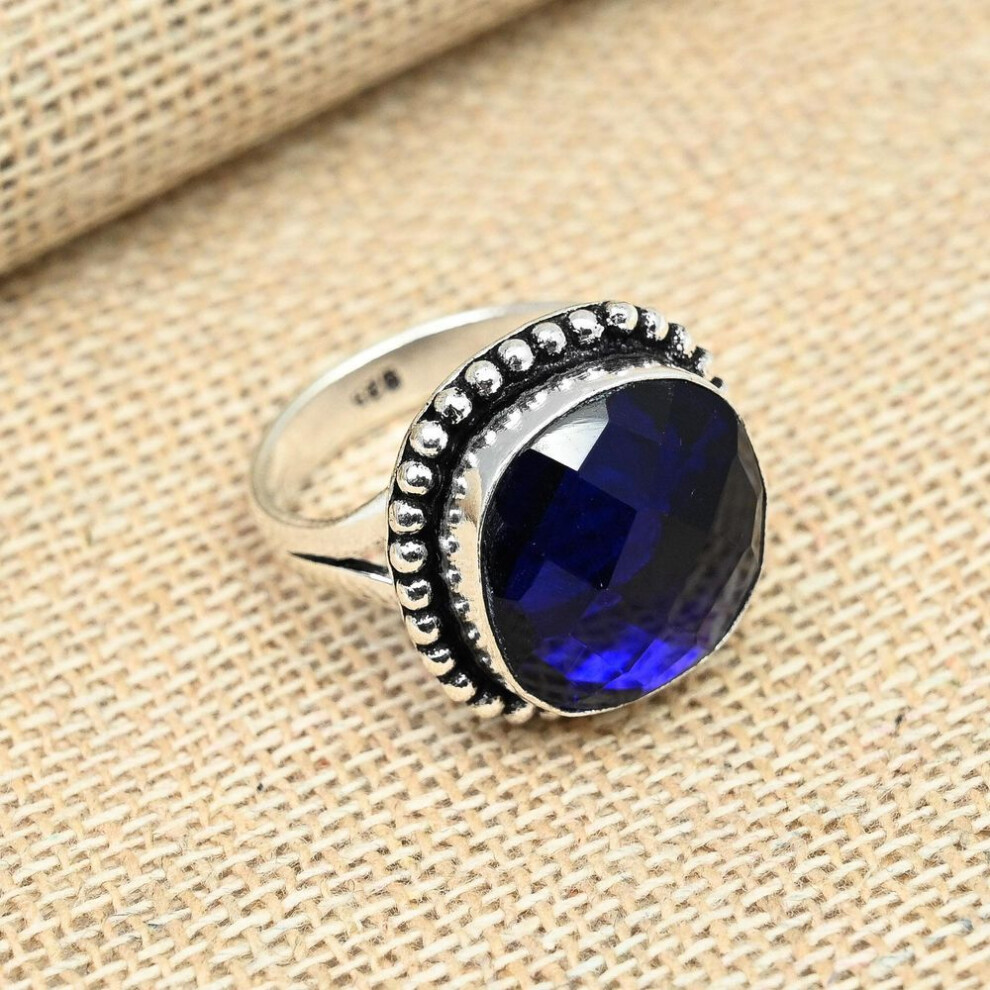 (blue, 10) Blue Sapphire Gemstone Lab-Created 925Sterling Silver Handmade Designer Stone Ring Jewelry