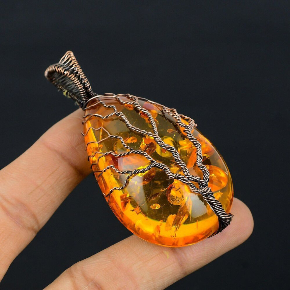 (orange, 3.03 Inches) Tree Of Life Baltic Amber Gemstone Copper Wire Wrap Handmade Pendant Jewelry For Women