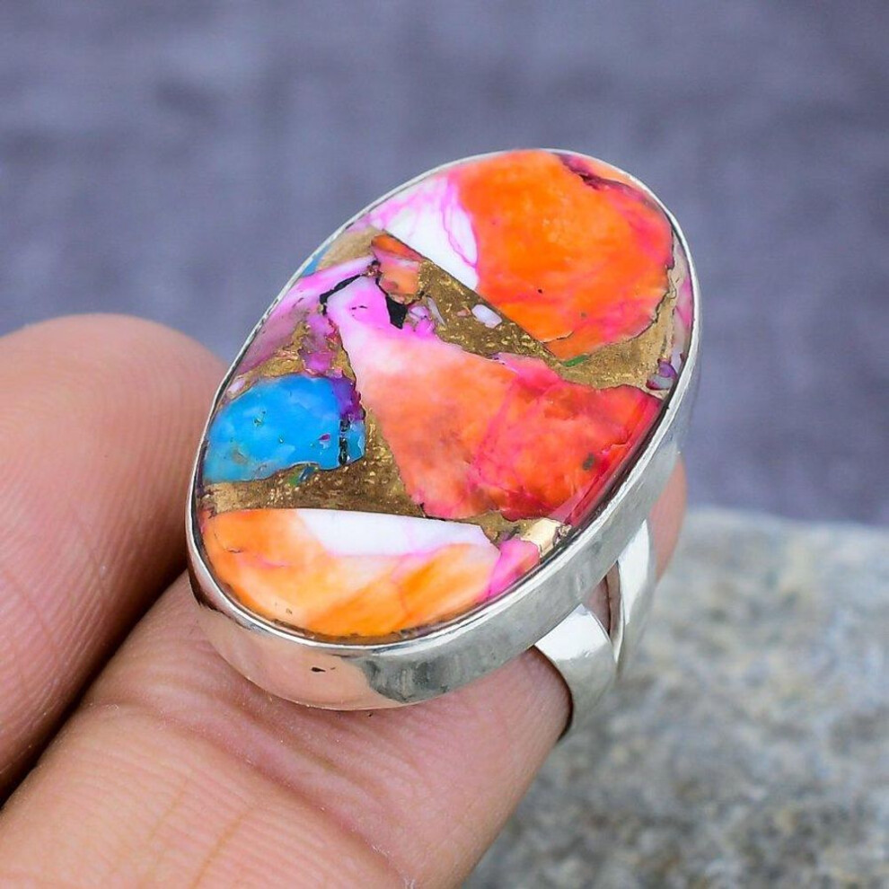 (pink, 9) Pink Dahila Spiny Oyster Gemstone 925 Sterling Silver Ring Jewelry All Size