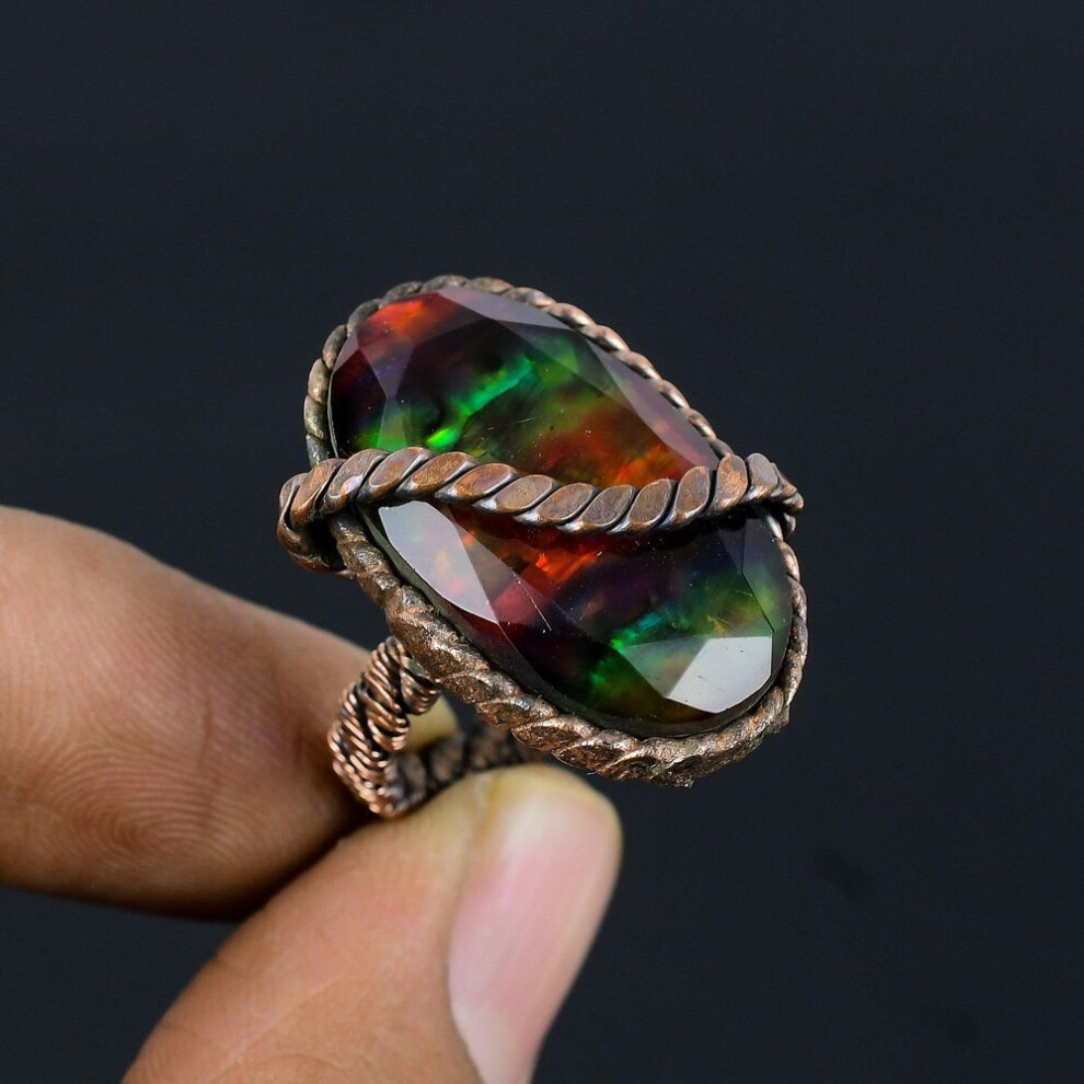 (green, 12) Ammonite Gemstone Copper Wire Wrapped Handmade Jewelry Ring For Her All Size