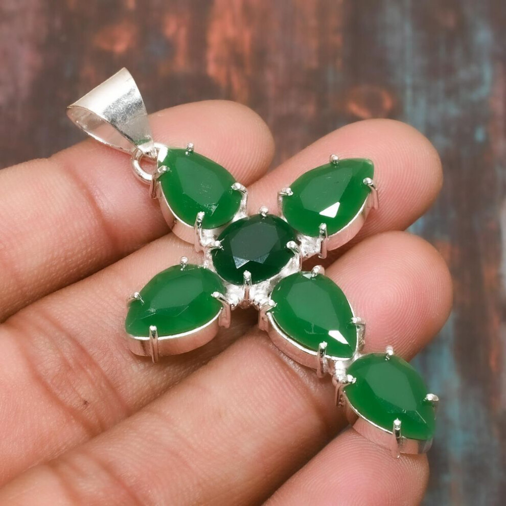 (green, 2.56 Inches) Lab-created Emerald Gemstone Handmade  925 Sterling Silver Jewelry Cross Pendant For Women