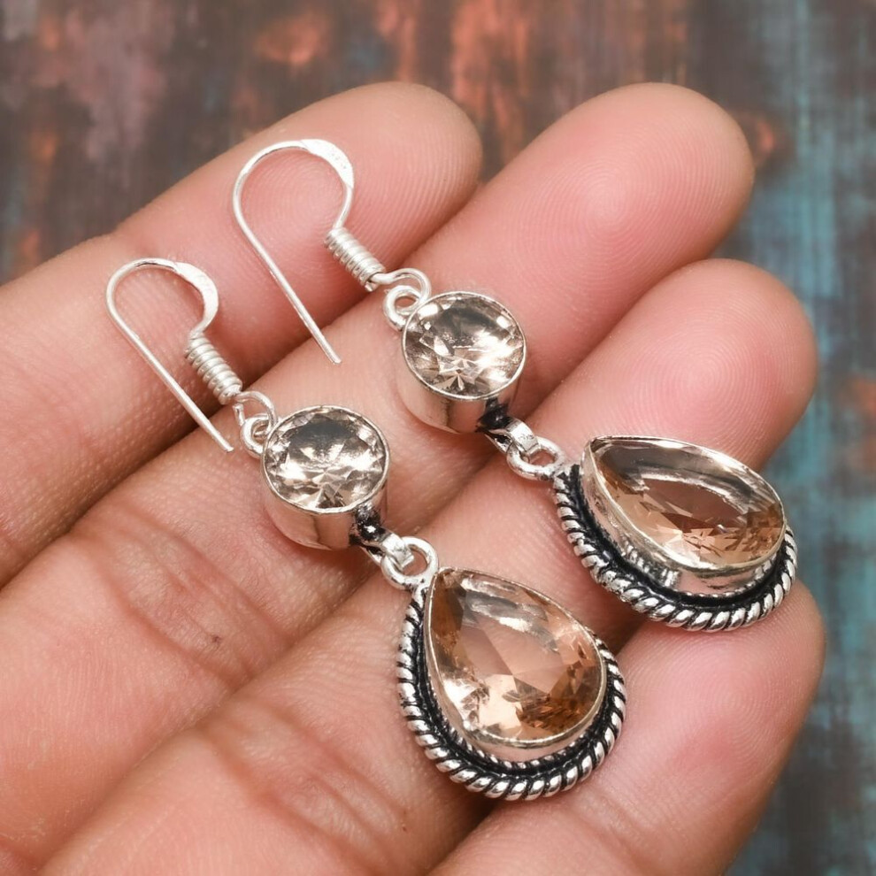 (orange, 1.97 Inches) Morganite Gemstone Handmade  925 Sterling Silver Jewelry Earring For Her