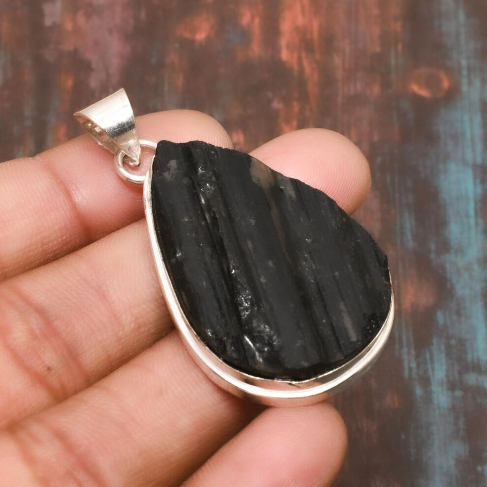 (black, 2.05 Inches) Black Tourmaline Gemstone 925 Sterling Silver Handmade Jewelry Pendant For Thanksgiving