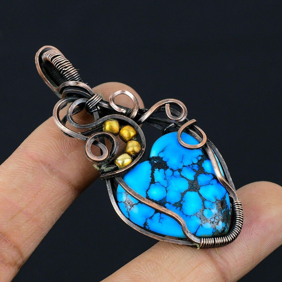 (blue, 2.60 Inches) Tibetan Turquoise Gemstone Pure Copper Wire Wrapped Handmade Designer Pendant Jewelry For Gift